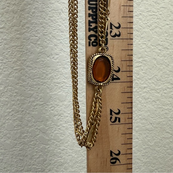 Unsigned Sarah Coventry Triple Chain Amber Glass Stone 51” Long Necklace  72g. - Picture 11 of 13